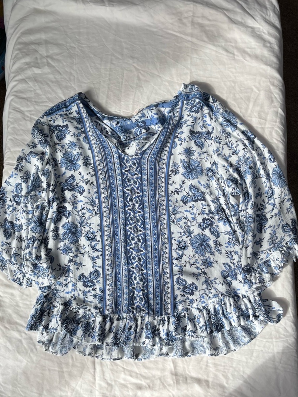 Blue Floral Peasant Blouse with Border Stitching - Women Tops